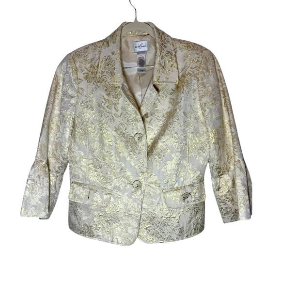 Emma James Women Blazer Size 8 Ivory Gold Brocade Jacket 3/4 Sleeve Lined - Picture 2 of 16